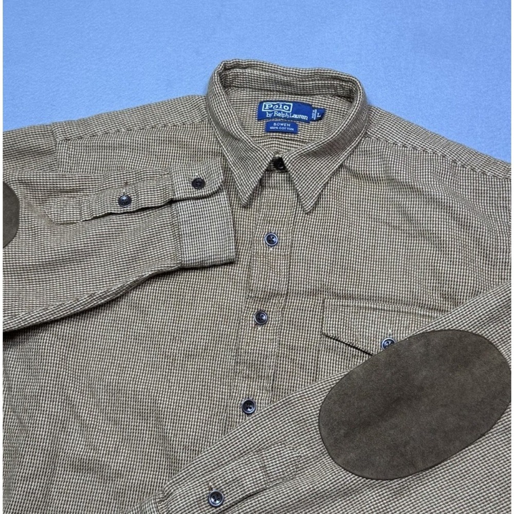 VINTAGE Polo Ralph Lauren Shirt Mens L BOWEN Houndstooth Suede Elbow Patch